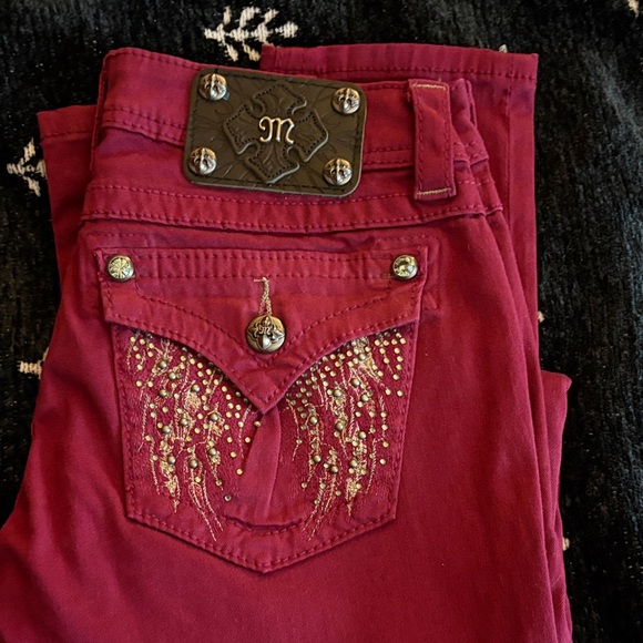 Maroon Embellished Jeans with Cross Detail - Picture 1 of 5